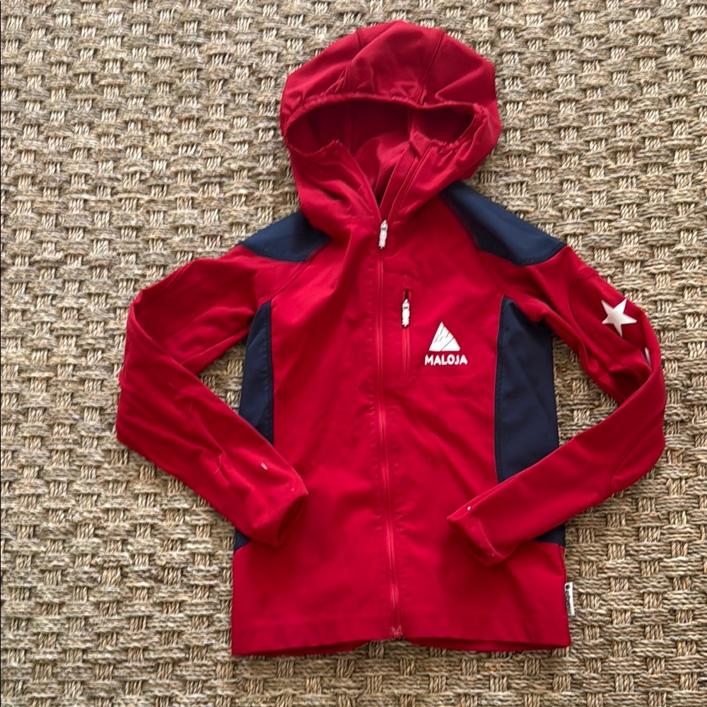 Maloja Red and Blue Raincoat with Hood and Logo